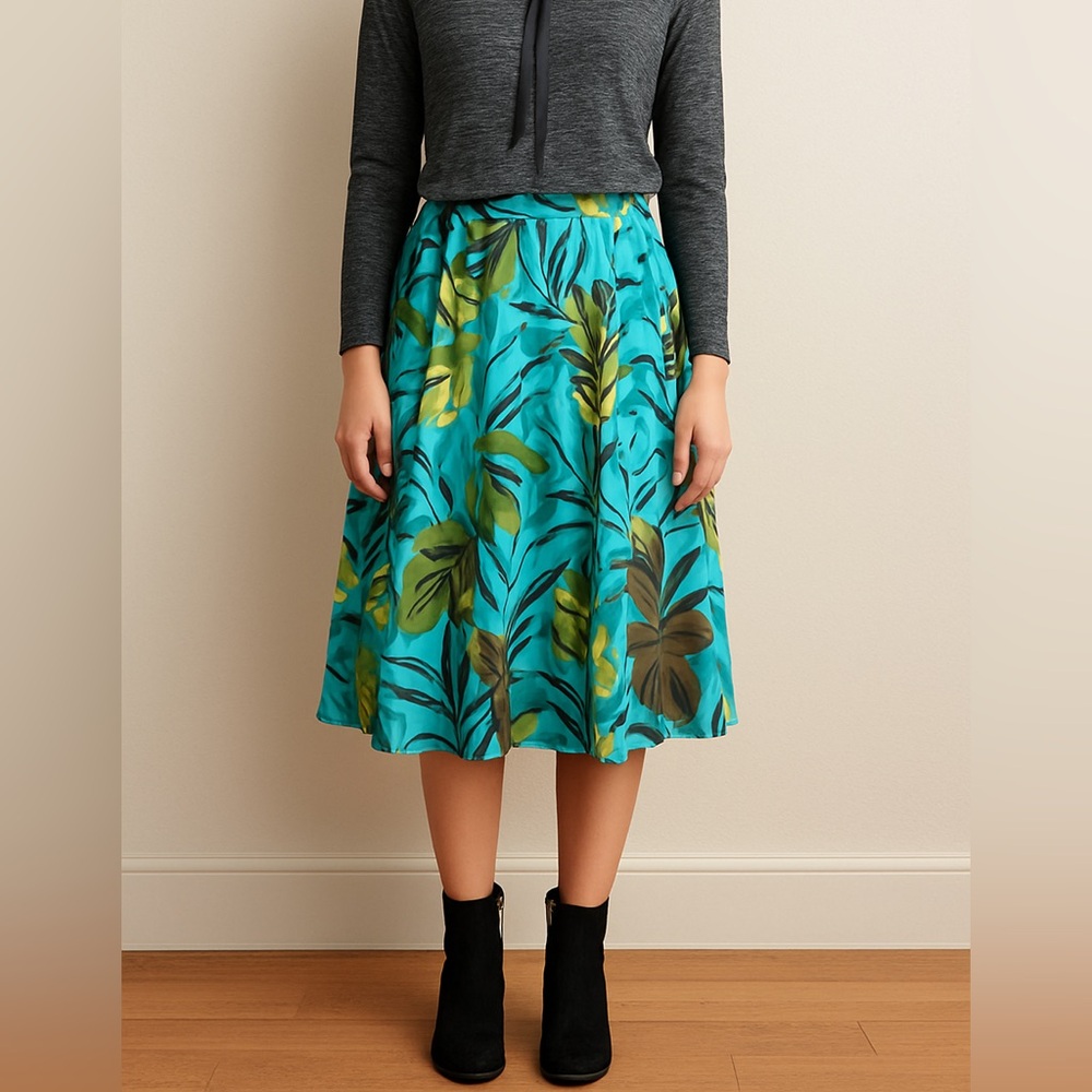 Tribal Y2K Boho 90s Women’s Skirt Tropical leaf Floral Blue Brown Size 12 Lined